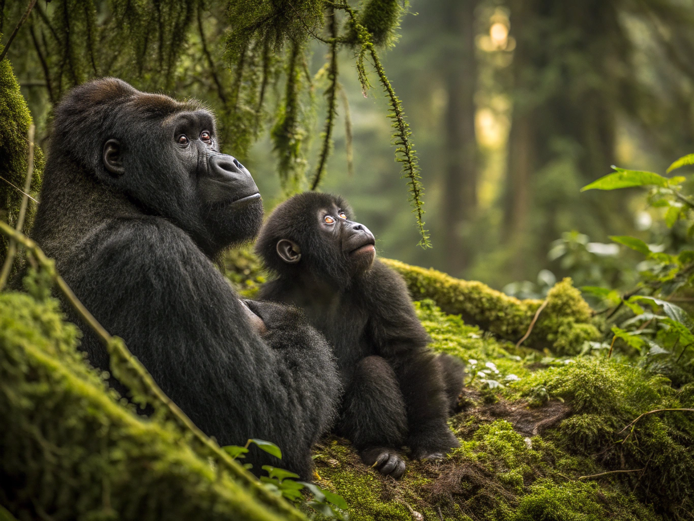 Silverback gorilla emerging from mist